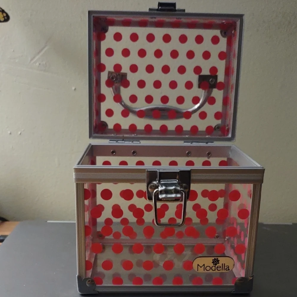 Modella Clear Cosmetic Case with Red Polka Dots and Silver Trim